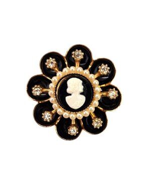 Vintage Coro Cameo Brooch Pin Black Enamel Faux Pearl Gold-Tone Rhinestones 1.5"